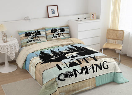 Erosebridal Kids Woodland Bear Bedding Set Happy Camping Camper Twin Comforter Set for Travel Trailers Rv Bunks Camper Quilt Set Rustic Farmhouse Barn Door Duvet Insert 1 Pillow Case Green Blue