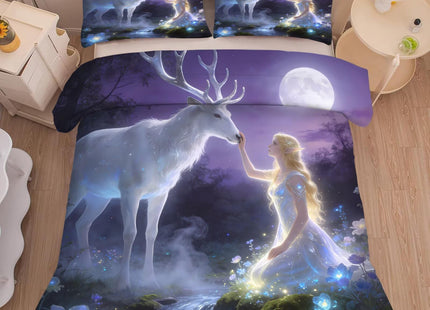kxry Soft Easy Care Microfiber Bedding Sets Angel Girl and White Deer Forest Flower Comforter Set 2 Pieces of Moon Lightweight Quilt for Kids Teen Girls Twin Size