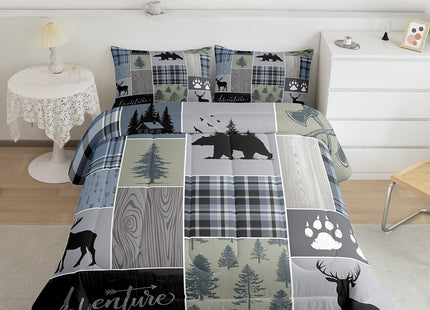 Rustic Patchwork Comforter Set, Checkered Buffalo Plaid Bedding Set For Kids Teens Adult, Woodland Wildlife Bear Moose Elk Pine Trees Pattern Printed Duvet Sets Farmhouse Decorations, Twin Size