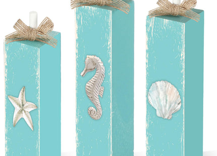 Seeloowy 3 Pcs Beach Decor for Home Office Summer Beach Theme Table Decorations Seahorse Starfish Seashell Wooden Sign Coastal Ocean Tabletop Centerpieces for Bathroom Patio Desk Mantel Tiered Tray