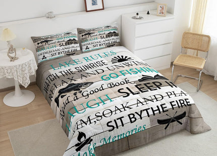 Castle Fairy Lake House Bedding Set Twin Size,Fishing and Boating Comforter 2pcs Kids Teens Boys Men Bedroom Decor Rustic Farmhouse Wood Quilted Duvet Outdoor Adventure Camper Insert,1 Pillowcase