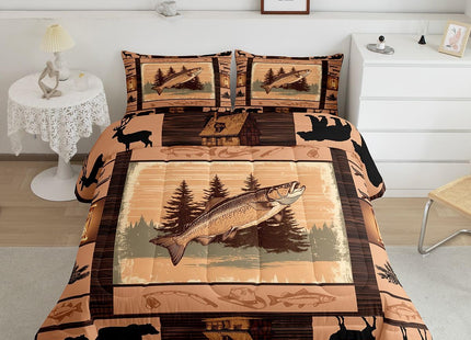 Feelyou Fish Comforter Set Kids Ocean Animals Comforter for Boys Teens Go Fishing Bedding Set Breathable Farmhouse Theme Wood Grian Brown Duvet Set King Size Quilt Set