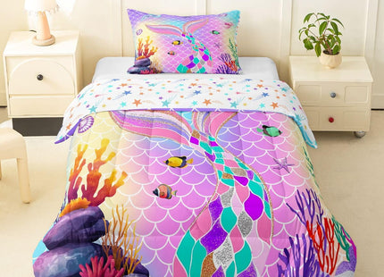 Erosebridal Mermaid Bedding Twin,Little Twin Sets for Girls,Nautical Sea Animal Comforter Set Glitter Tail Quilt,Ocean Starfish Coral Fish Duvet Insert Blue Purple Teal Kawaii Room Decor