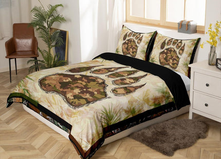 Erosebridal Camo Bear Paw Bedding Set Twin Camouflage Wild Animal Comforter Cover Nature Woodland Tree Branch Camo Duvet Cover for Kids Boys Teen Men,Wildlife Bedspread Cover with 1 Pillow Case