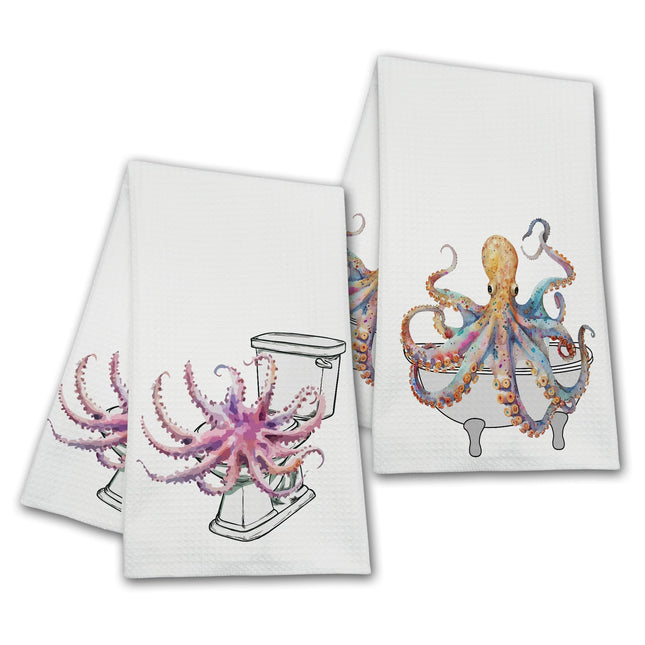 Isfvqyub Funny Octopus Bathroom Towels, Ocean Animals Hand Towels Gifts for Octopus Lovers Women Friends, Farmhouse Home Bathroom Washroom Toilet Spa Dish Tea Towel Decor, Set of 2-06