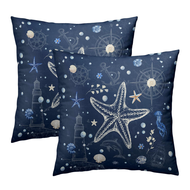 Imiss Coastal Nautical Starfish Throw Pillow Covers 18 x 18 Inch Set of 2 Anchor Sailboat Compass Lighthouse Decorative Pillow Cover Soft Square Pillow Case for Outdoor Sofa Home Decor