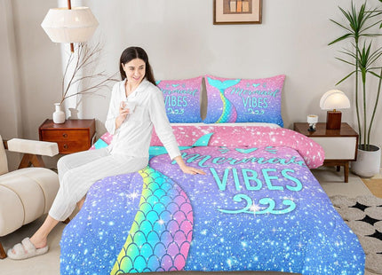 Girls Mermaid Tail Comforter Set Full Kawaii Coastal Fish Scales Bedding Set Glitter Star Galaxy Comforter Blue Pink Pastel Ombre Set Princess Bed Set Ocean Animal Quilt Duvet 2 Pillowcases Teal