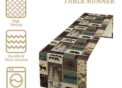 Country Rustic Farmhouse Deer Table Runner Tabletop Cover Vintage Cabin Bear Mountain Hunting Wild Animal Plaid Checkered Printed for Kitchen Dining Room 13x72 Inch