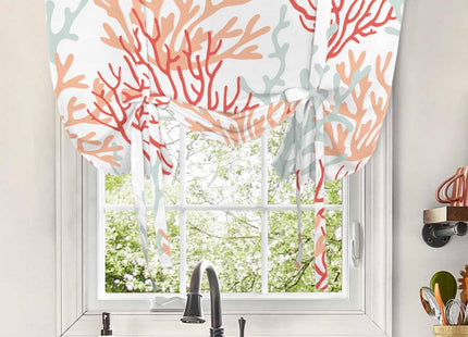 Summer Ocean Coral Tie Up Curtain for Kitchen,Nautical Coastal Adjustable Balloon Curtains,Red Orange Tie-up Shade Valance Rod Pocket Curtain,Sea Life Thermal Insulate Window Treatment 34x45in