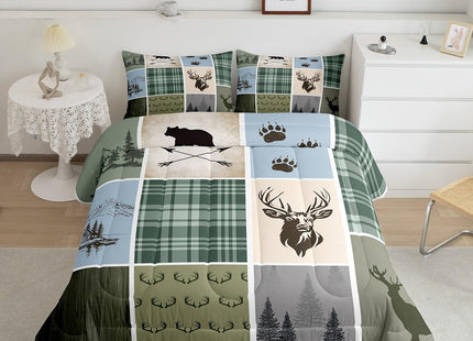 Feelyou Rustic Cabin Deer Bedding Set Twin Size Kids Hunting Country Farmhouse Comforter Cover for Boys Girls Teens Wild Animal Duvet Cover Deep Green Quilt Set Breathable Soft Lightweight Microfiber