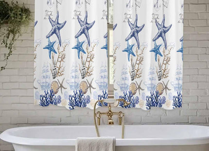 Ocean Beach Starfish Kitchen Curtain 63 Inch Length Drapes for Cafe/Living Room, Blue Coastal Coral Shell Nautical Boat Window Treatment Rod Pocket Bathroom Bedroom Drapery Panels Curtains, 84x63