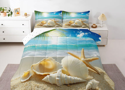 Erosebridal Beach Themed Comforter Sets Full,Blue Ocean Bedding Set Seashell Starfish Printed Bedding Beach Coastal Decor Quilt 1 Comforter + 2 Pillowcase for Kids Teens Adults,Soft Lightweight