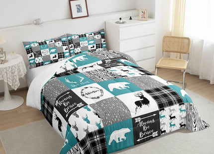 Bear Comforter Set Full Farmhouse Decor,Deer Moose Jungle Wild Animal Western Bedding Set for Girls Boys,Teal Grid Buffalo Checkered Plaid Down Comforter,Tribal Hunting Arrow Cabin Barn Door Quilt