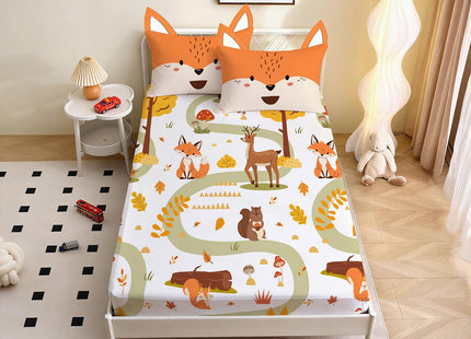 Yasida Twin Size Fox Forest Animals Twin Fitted Sheet Kids 3D Fox Pillowcase Washable Sheets Set Kid Animals Bedding Sheet Soft Microfiber(1*Sheet+1*Pillowcase)