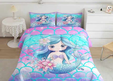 Erosebridal Kids Mermaid Full Size Comforter Sets for Girls Blue Pink Sparkle Mermaid Bedding Pastel Fish Scale Bedding Comforter Sets Coastal Beach Duvet Insert for Toddler Teen Cartoon Bed Set 3pcs