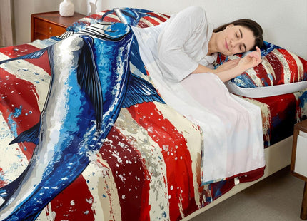 Marlin Swordfish Bed Sheets Boys American Flag Fitted Sheet, Hunting and Fishing Sheet Set for Kids Teens Adult Bedroom Marine Life Ocean Animal Top Sheet with 1 Pillow Case, Blue Red, Twin