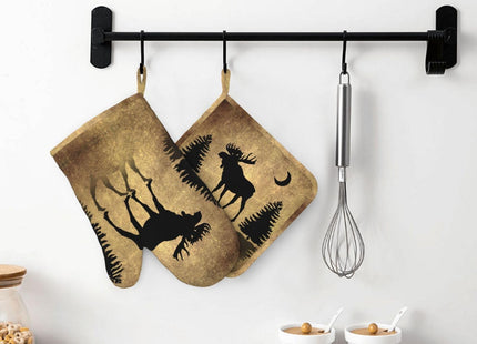 MIFSOIAVV Rustic Elk Moose Deer Forest Pine Tree Moon Design Oven Mitts and Pot Holders Sets Silicone Moose Kitchen Mitts Potholders Heat Resistant 4Pcs Moose Oven Gloves Hot Pads for Kitchen