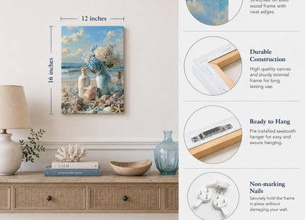 Blue Ocean Beach Bathroom Wall Art,Coastal Beach Hydrangea Seashell Wall Decor,Framed Nautical Canvas Print (Ready to Hang), for Living Room Bedroom Bathroom Beach House Home Decoration 12x16in