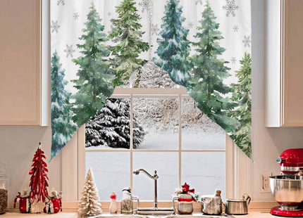 Christmas Swag Valance, Green Pine Tree Xmas Rod Pocket Kitchen Valance Curtains Winter Snowflake Scalloped Swag Curtains for Christmas Living Room Bathroom Window, 1 Pair, 36" W x 36" L