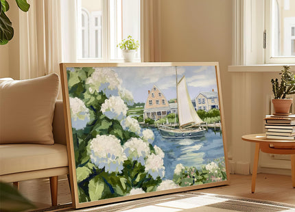 Vintage Sailboat Poster Hydrangea Coastal Picture 16x24 Inch Unframed