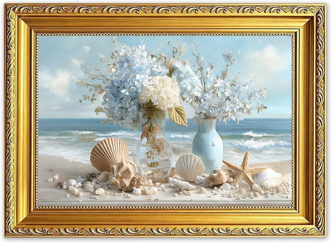 Coastal Bathroom Wall Art Gold Framed Blue Floral Beach Decor 9x11 inch