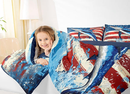 Marlin Swordfish Comforter Set Boys American Flag Bedding Set, Hunting and Fishing Comforter for Kids Teens Adult Bedroom Marine Life Ocean Animal Down Comforter with 1 Pillow Case, Blue Red, Twin