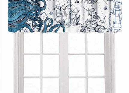 Lnepty Nautical Octopus Window Valance,Funny Monster Ocean Kraken Sealife Pirate Ship Sailboat Retro Nautical Map Pattern Rural Vintage Drapes for Bedroom Living Room Bathroom 1 Piece,54x18 Inch