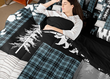 Erosebridal 7 Piece Rustic Cabin Bear Full Bedding Set, Deer Hunting Wildlife Woodland Comforter Set, Camping RV Camper Quilts Blue and Black Checkered Patchwork Bed in a Bag (Fitted + Flat Sheet)