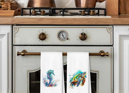ArtisaEura Coastal Jellyfish Octopus Sea Horse Turtle Beach Hand Towels for Bathroom Set of 4, Coastal Beach Kitchen Towels, Nautical Dish Tea Towels for Kitchen Decor, Ocean Bathroom Decor, 16x24in