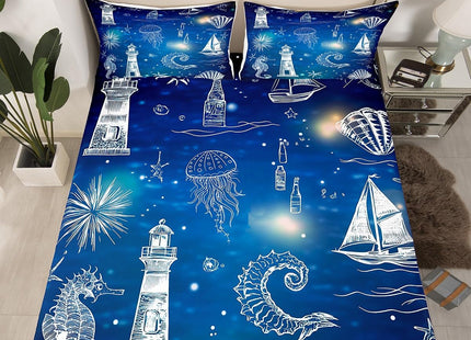 Lighthouse Bed Sheets Blue Ocean Theme Sketch Fitted Sheet for Kids Boys Teens,Nautical Sailboat Bedding Sets Steering Wheel Submarine Sea Horse Bedding Decor Set Shell Fish Starfish Room Decor Full