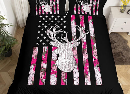 Erosebridal Pink Camo Deer Bedding Set Hunting Duvet Cover Twin Retro Camouflage American Flag Cover for Comforter,Western Farmhouse Antlers Quilt Cover for Kids Girls Teen Women with Zipper 2 Pcs