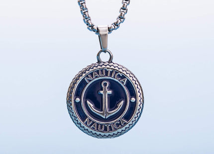 Nautica Stainless Steel Blue Round Medallion Anchor Necklace for Men