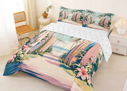 Manfei Beach Surfing Comforter Set 2Pcs Coastal Style Twin Size Bedding Set Beach Coconut Tree Duvet Insert for Kids Boys Girls Adult Room Decor(1 Comforter,1 Pillowcase) Pink