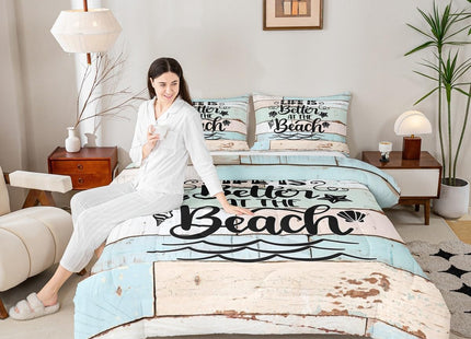 Summer Beach Comforter Set Twin Size,Starfish Shell Lake Life Bedding Set 2pcs for Kids Boys Girls Adults,Old Wooden Plank Rustic Cabin Down Comforter,Teal Beige Retro Duvet Insert,1 Pillowcase