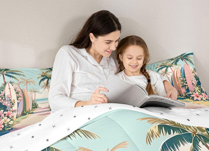 Manfei Beach Surfing Comforter Set 2Pcs Coastal Style Twin Size Bedding Set Beach Coconut Tree Duvet Insert for Kids Boys Girls Adult Room Decor(1 Comforter,1 Pillowcase) Pink