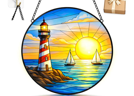 Lighthouse Ocean Suncatcher Window Hanging, 7.8" Stained Glass Decor, Symbolic Gift for Family, Friends and Loved Ones, Coastal Home Decor for Window, Wall, Living Room and Sunroom