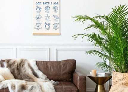 DNEULYR Retro Blue Bow Seashell Christian Wall Art Poster, Bible Verse Wall Decor, God Says I am Coastal Beach Religious Scripture Poster Hanger Frame for Girls Room Dorm Home Office, 12x16 Inches