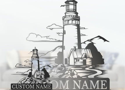 Personalized Lighthouse Metal Wall Art - Custom Nautical Name Sign, Outdoor Beach House Decor, Coastal Wall Decor Gift for Beach Lovers (Lighthouse A)