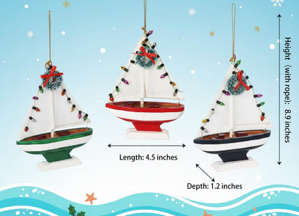 NAUTIMALL Wooden Sailboat Christmas Hanging Ornament, 5 Inch Tabletop Nautical Decor, Set of 3, Blue Green Red