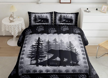 Rustic Bear Kids Comforter Set Toddler Size,Wild Animal Pine Trees Retro Bedding Set for Boys Men,Grid Plaid Hunt Cabin Decor Quilt Set Bear Paw Print Polyester Duvet Set with 1 Pillowcase, Gray