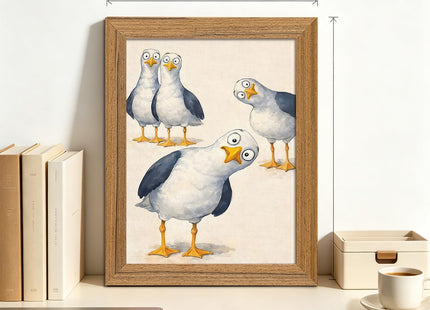 Framed Funny Seagull Wall Art Cute Bird Canvas Print Coastal Decor