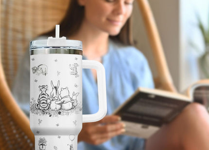 GEPOSTORE Woodland Bear Friends Sketch Tumbler 40oz with Handle and Straw