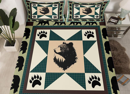 Erosebridal Black Bear Sheet Set Western Bed Sheets Queen Patchwork Geometric Triangle Lattice Fitted Sheet Woodland Wildlife Bear Paw Print Top Sheet,Green Checkered Buffalo Plaid Decor