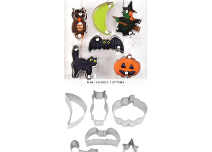 R&M Mini Halloween Cookie Cutters 1.5" - 1.75" - Bat, Pumpkin, Owl, Moon, Cat, Flying Witch - 6-Piece Set