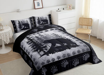 Castle Fairy Wild Bear Print Kids Comforter Set Twin Size,Animal Hunt Lodge Decor Retro Bedding Set for Boys Teens,Rustic Pine Trees Checkered Plaid Quilt Polyester Duvet Set with 1 Pillowcase, Grey