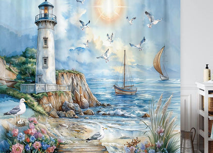 Nautical Coastal Lighthouse Shower Curtain, Boho Ocean Beach Lighthouse Seascape Beachy Abstract Shower Curtain Set, Seasides Sailboat Seagull Fabric Shower Curtain for Bathroom 12 Hooks, 72"×72" Blue