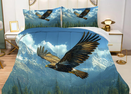 Albideyaa Natural Scenery Print Comforter Set Eagle Flying Over Forest Mountains Landscape King Size Duvet Bedding Set Modern Soft Bald Eagle Pattern Quilt Set with 2Pillowcases