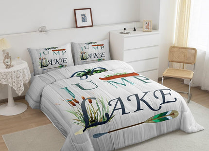 Castle Fairy Lake Paddle Comforter Set Twin Size,Rustic Lakeside Cabin Decor Bedding Set for Kids Boys Men,Fish Country Farm Wooden Board Quilted Duvet Set with 1 Pillowcase