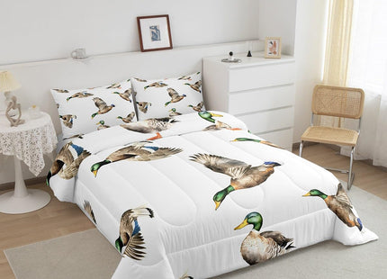 Feelyou Mallard Duck Bedding Set Hunting and Fishing Comforter Set Wild Animal Comforter for Boys Girls Kids Wildlife White Duvet Set Twin Size with 1 Pillow Case