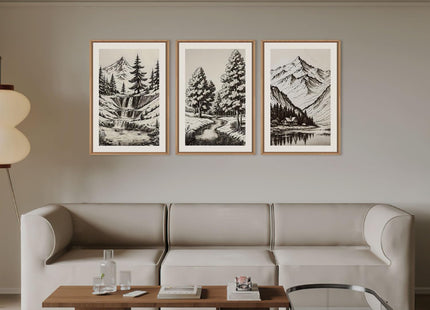 Vintage Sketch Pine Tree Mountain Framed Canvas Wall Art Set- 16"x24"x3